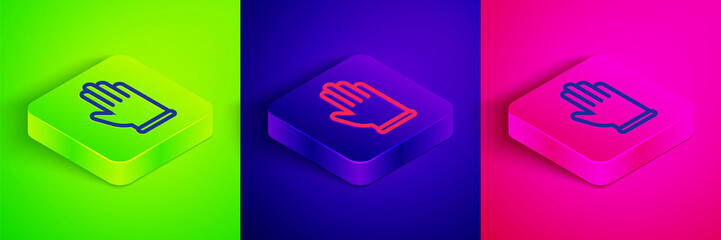 Isometric line Rubber gloves icon isolated on green, blue and pink background. Latex hand protection sign. Housework cleaning equipment symbol. Square button. Vector