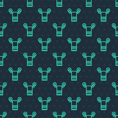 Green line Towel on hanger icon isolated seamless pattern on blue background. Bathroom towel icon. Vector