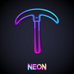Glowing neon line Pickaxe icon isolated on black background. Vector