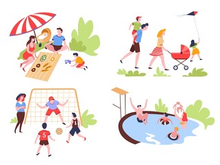 Summer outdoor activity and recreation family leisure vector pastime on nature picnic