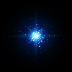 Fototapeta na wymiar Bright blue star cluster, galaxy. Glowing blue stars in dark space. Shining galaxy in depths of space. Glitter particles sparkling. Shiny abstract bokeh. Dark background. Vector illustration