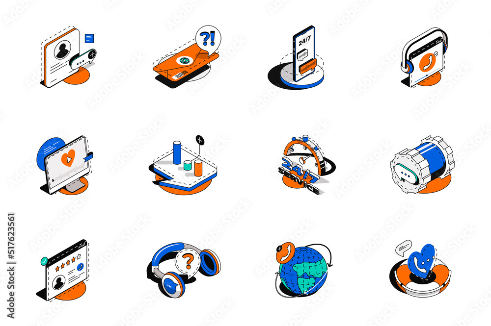 Aufkleber customer support 3d isometric icons set. pack elements of online communication with client, contact 