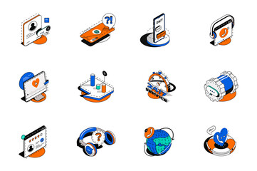 Customer support 3d isometric icons set. Pack elements of online communication with client, contact us, chat, email, call, help service, faq and other. Vector illustration in modern isometry design - obrazy, fototapety, plakaty