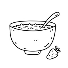 Bowl of oatmeal for breakfast isolated on white background. Healthy food. Vector hand-drawn illustration in doodle style. Perfect for recipes, decoration, logo, menu, various designs.