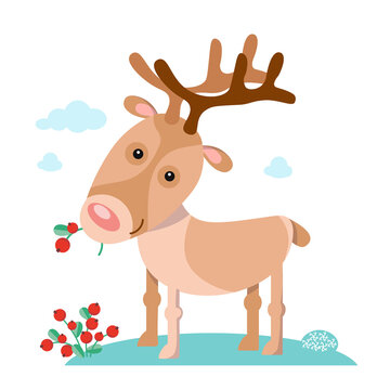 Cute reindeer with cowberry on hill. Animals of the North. Vector hand drawn illustration.