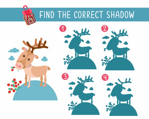 Fototapeta premium Find the correct shadow. Game for children. Activity, color vector illustration. Cute reindeer with cowberry.