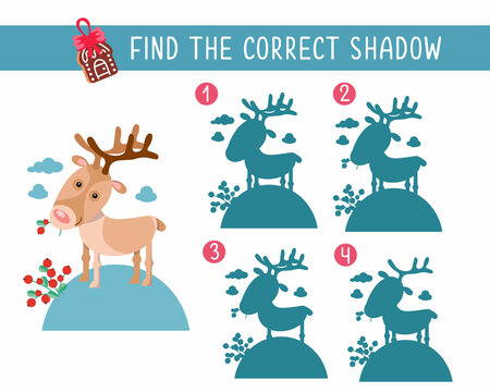 Find the correct shadow. Game for children. Activity, color vector illustration. Cute reindeer with cowberry.