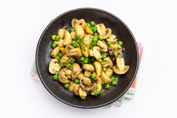 Mushroom and Pea Curry with Roasted Garlic, Indian food served in a bowl