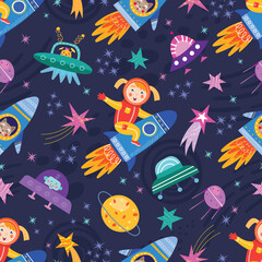 Space seamless vector pattern. Space, planets, stars, spaceship, aliens in the doodle style.