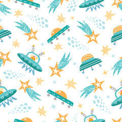 Obraz premium Space seamless vector pattern. Space planets stars spaceship aliens in the doodle style.
