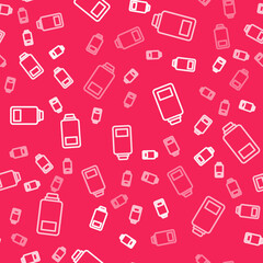 White line Battery charge level indicator icon isolated seamless pattern on red background. Vector
