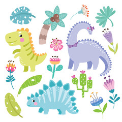 Vector set with cute dinosaurs and tropical leaves, palm trees, trees, cacti, flowers.