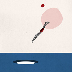 Contemporary art collage. Minimalism. Professional swimmer jumping into drawn blue water isolated over light background. Summer sports, achievements concept