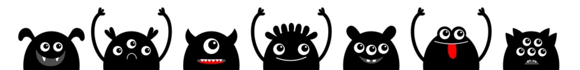 Monster set icon line. Happy Halloween. Funny head face black silhouette. Kawaii cute cartoon baby character. Eyes teeth fang horn tongue. Hands up. Flat design. White background.