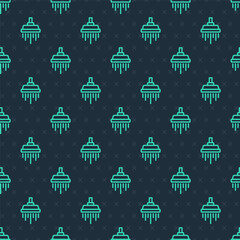 Green line Shower head with water drops flowing icon isolated seamless pattern on blue background. Vector