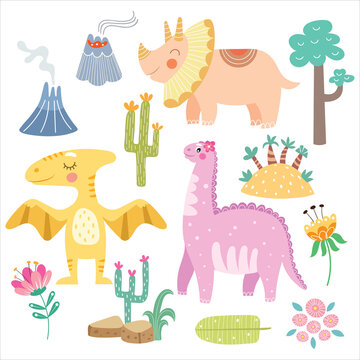 Vector set with cute dinosaurs and tropical leaves, palm trees, trees, cacti, flowers.