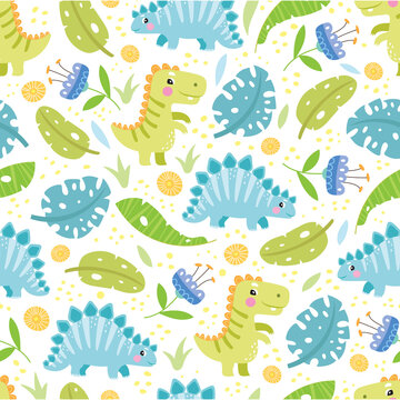Seamless pattern with cute dinosaurs, baby pattern. Color illustration in vector. © skazka4111980