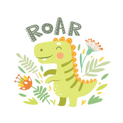 Vector illustration with cute dinosaur, flowers and leaves.