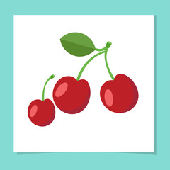 Cherry with leaf in flat style. Product berry for cooking in kitchen. Vector illustration. Icon for menu, book design.