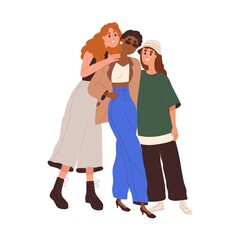 Diverse women friends portrait. Happy different girls hugging, standing together. Modern trendy girlfriends. Diversity, friendship concept. Flat vector illustration isolated on white background