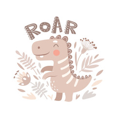 Vector illustration with cute dinosaur, flowers and leaves.