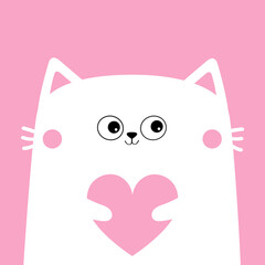 White cat kitten kitty head face holding pink heart. Happy Valentines Day. Cute cartoon kawaii funny animal character. Flat design. Love card. Sticker print. Pink background. Isolated.