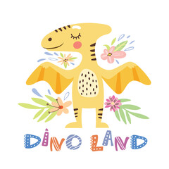 Vector illustration with cute dinosaur, flowers and leaves.