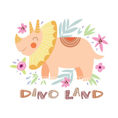 Vector illustration with cute dinosaur, flowers and leaves.