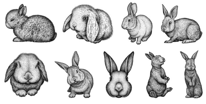 vintage engrave isolated rabbit set illustration ink sketch. hare background isolated art