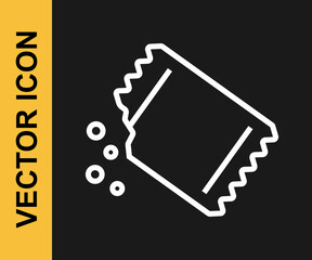 White line Packet of pepper icon isolated on black background. Vector