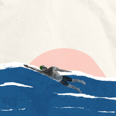 Contemporary art collage. Minimalism. Male swimmer swimming in front crawl stroke isolated over...
