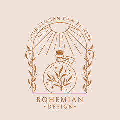 Potion boho logo. Trendy emblem for botanical healing, medicinal herbs, homeopathy, aromatherapy, essential oils, natural beauty product, etc. Vector isolated badge with magic elixir bottle and sun