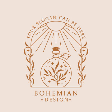 Potion Boho Logo. Trendy Emblem For Botanical Healing, Medicinal Herbs, Homeopathy, Aromatherapy, Essential Oils, Natural Beauty Product, Etc. Vector Isolated Badge With Magic Elixir Bottle And Sun