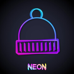 Glowing neon line Winter hat icon isolated on black background. Vector