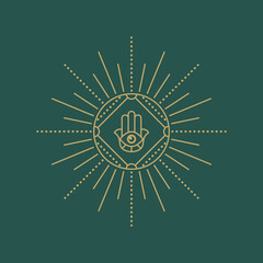 Esoteric sun design element. Trendy boho emblem. Line logo for meditation studios, palmists, alternative healing practices, spiritual, celestial, or others themes. Vector. - obrazy, fototapety, plakaty