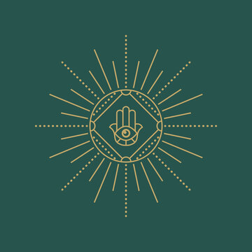 Esoteric sun design element. Trendy boho emblem. Line logo for meditation studios, palmists, alternative healing practices, spiritual, celestial, or others themes. Vector.