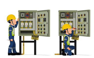 Industrial workers use screwdriver tester to measuring electric current in the electrical control cabinet