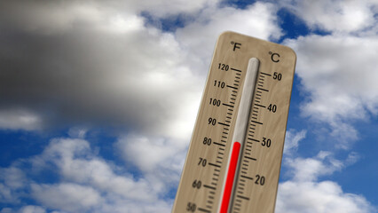 Thermometer on blue sky and shining sun illustration