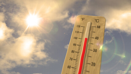 Thermometer on blue sky and shining sun illustration - obrazy, fototapety, plakaty