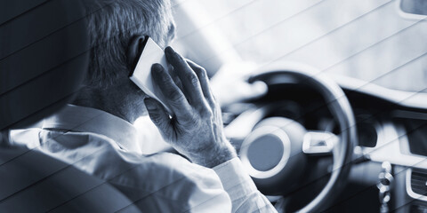 Man phoning and driving, geometric pattern
