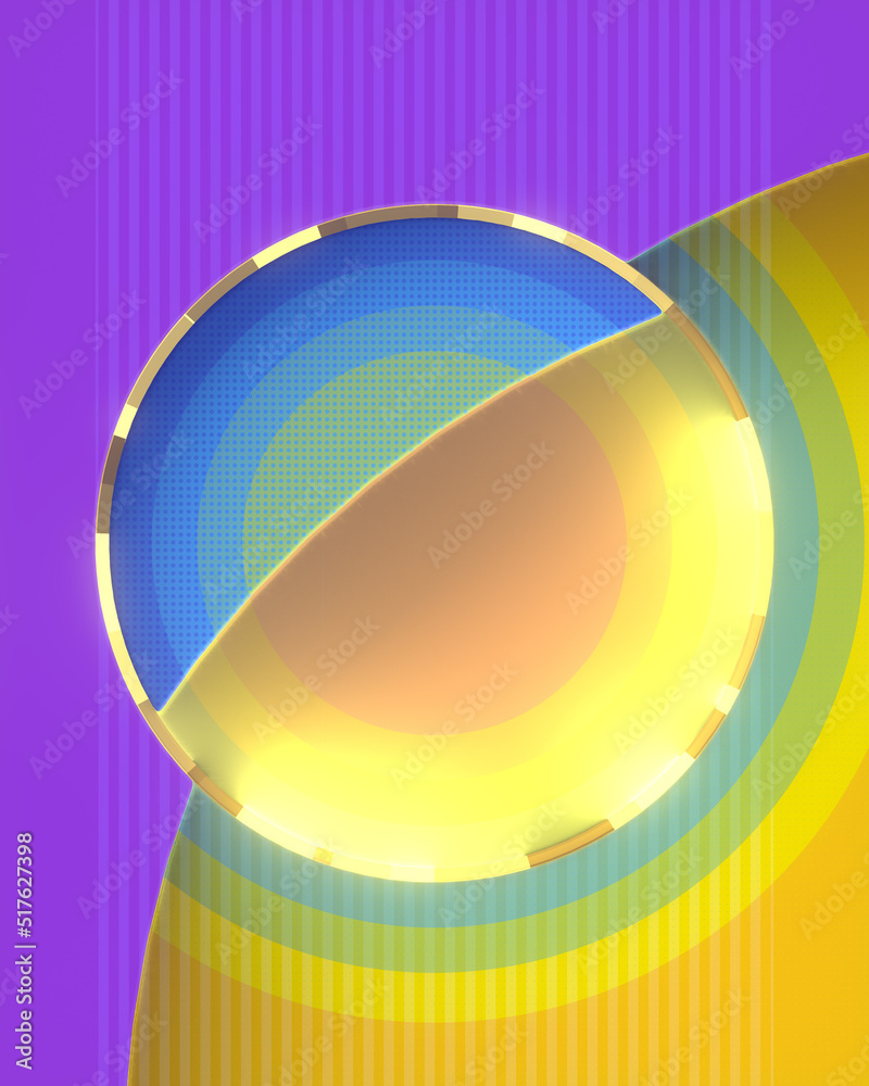 Poster Composition of rounded figures with a harmoniously colors and luminous ring in the center. 3d rendering illustration