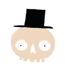 Cute Hand Drawn Halloween Vector Illustration. Funny Human Skull on a White Background. Funny Halloween Print with Gentleman Skull in a Black Hat ideal for Card, Poster Wall Art, Party Decoration.