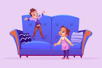 Happy kids jump and play on couch at home. Vector cartoon illustration of mischievous children, siblings or friends laughing and have fun together on blue sofa