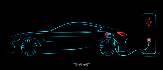 Electric car charging by sketch line side view blue green and red glowing light line isolated on black background. Vector illustration.