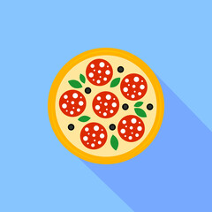 Pizza icon with long shadow. Colored pizza icon in flat design. Street food icon isolated on blue background. Logo pizza for menu pizzeria, cafeteria. Vector illustration for web design
