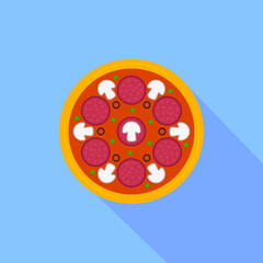 Pizza icon with long shadow. Colored pizza icon in flat design. Street food icon isolated on blue background. Logo pizza for menu pizzeria, cafeteria. Vector illustration for web design