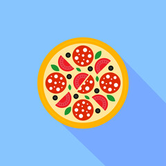 Pizza icon with long shadow. Colored pizza icon in flat design. Street food icon isolated on blue background. Logo pizza for menu pizzeria, cafeteria. Vector illustration for web design