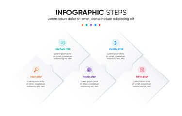 5 steps geometric shape with arrow infographic template. Step-by-step colorful infographic presentation.