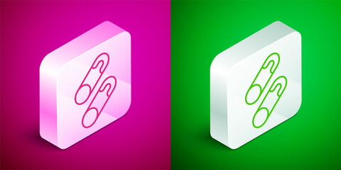 Isometric line Classic closed steel safety pin icon isolated on pink and green background. Silver square button. Vector