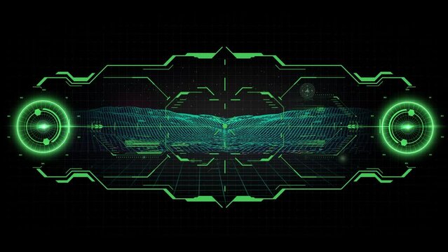 Futuristic screen. UI, GUI technology frame, virtual tracking aim, hud digital device interfaces. Virtual reality technology view display helmet, crosshair, aim. Head up display (HUD) vehicle cockpit.